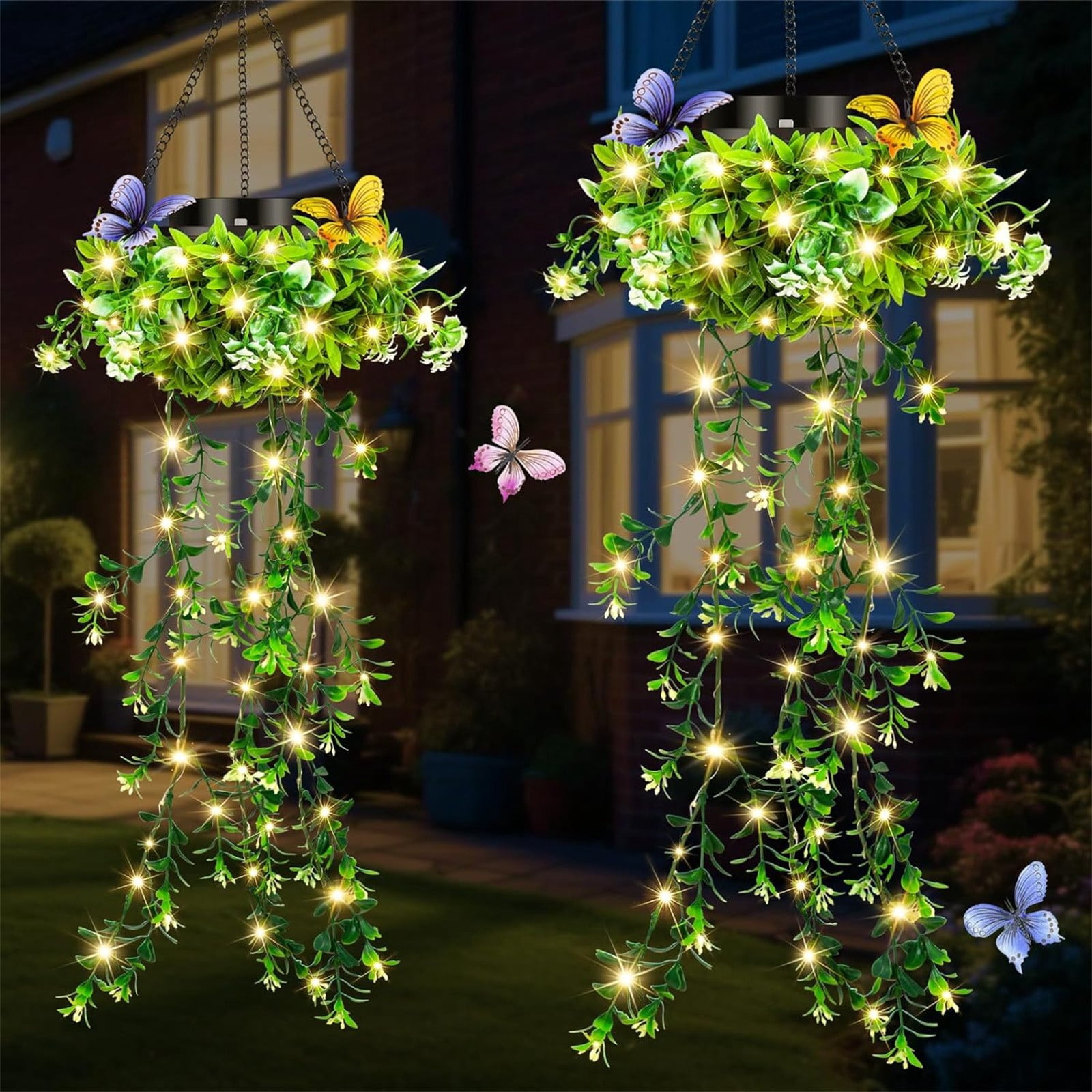 Solar Hanging Garden Lights for Spring Summer, 2 Pack 66 LEDs Realistic Flower Vine String Lights, Waterproof Outdoor Decor for Garden Patio Fence, 8-12 Hrs Auto Lighting, Mother's Gift