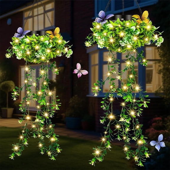 Solar Hanging Garden Lights for Spring Summer, 2 Pack 66 LEDs Realistic Flower Vine String Lights, Waterproof Outdoor Decor for Garden Patio Fence, 8-12 Hrs Auto Lighting, Mother's Gift