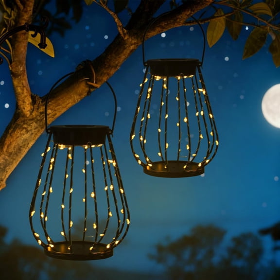 Solar Hanging Lantern Outdoor 2 Pack, Metal Cage Solar Lanterns with Warm White LED Lights, Waterproof Solar Powered Garden Decor Lights for Patio, Porch, Balcony, Yard, Outdoor Gifts