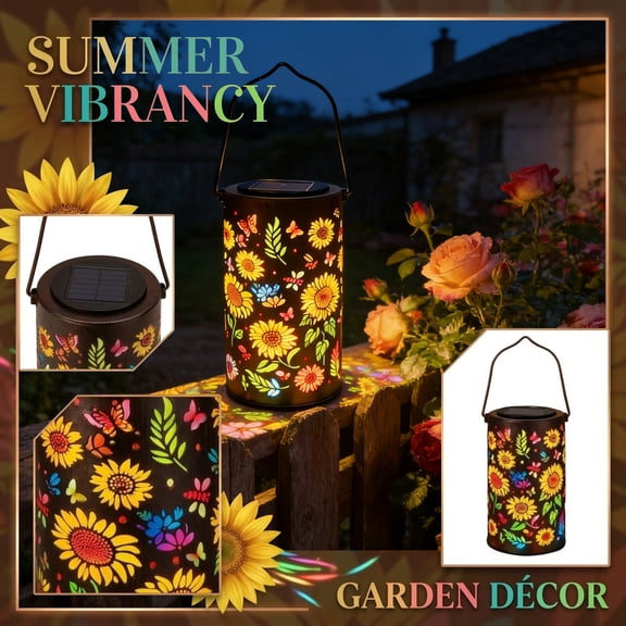 Solar Hanging Lantern Outdoor, Solar Powered Cut-Out Metal Light with Butterfly Star Moon Shadow Projection for Patio Garden Deck Camping