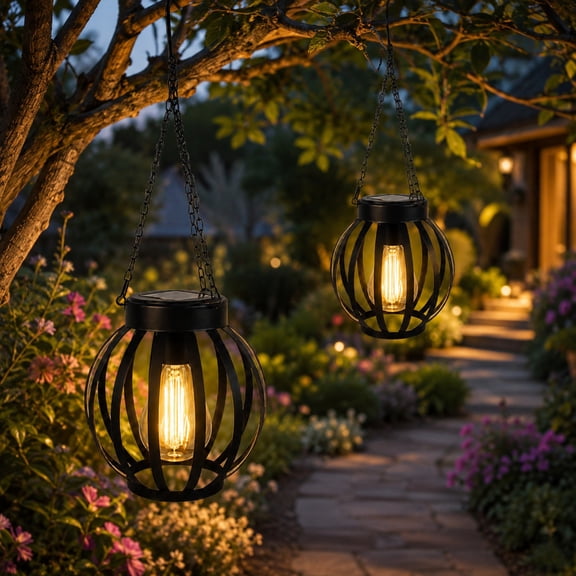 Solar Hanging Lantern Outdoor, Warm White Decorative Lights with Metal Cage Design, Solar Powered Hanging Lights with Edison Bulb and Chain Hook for Patio Garden Porch Yard Balcony Decor