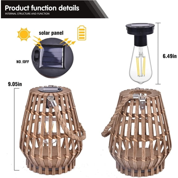 Solar Hanging Lantern Outdoor , Waterproof Natural Bamboo Lanterns with Handle Edison Bulb Design Solar Table Lamp Lights Decoration for Courtyard Patio Garden Farmhouse