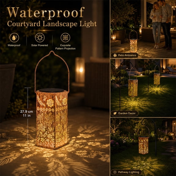 Solar Hanging Lantern, Solar Lanterns Outdoor Waterproof, Outdoor Solar Lights for Yard, Decorative Solar Lights Outdoor, 11In Metal Hollow Hummingbird Projection Night Lantern