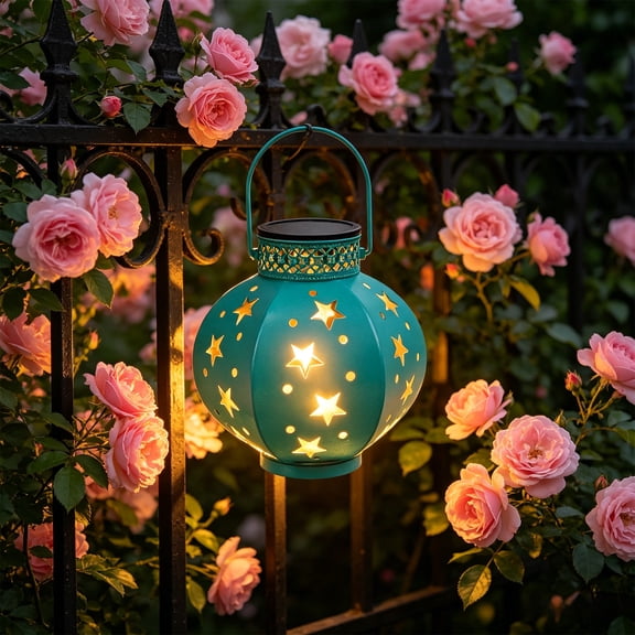 Solar Hanging Lantern, Waterproof Metal Star Projection Light with Decorative Cutouts for Outdoor Garden Patio and Yard