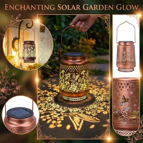 Hanging Outdoor Decor Metal Solar Lantern, Garden Decorations Outdoor Backyard Patio Porch Copper Yard Light