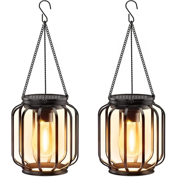 Solar Hanging Lanterns Outdoor: 2 Pack Metal Solar Hanging Lights with Hook,Bright - Warm Waterproof LED Lanterns for Outside, Classic Decorative Solar-Powered Light for Yard Garden Patio Porch Decor