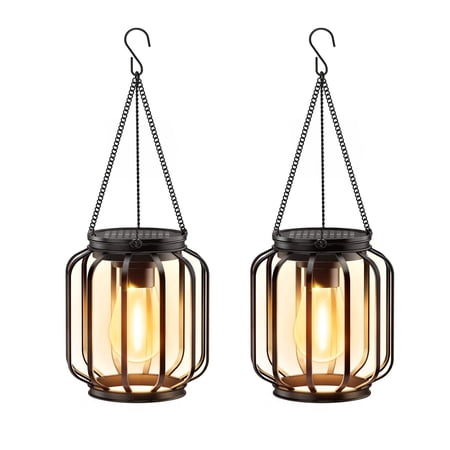 Solar Hanging Lanterns Outdoor: 2 Pack Metal Solar Hanging Lights with Hook, Bright - Warm Waterproof LED Lanterns for Outside, Solar-Powered Light for Yard Garden Patio Porch Decor