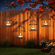 Solar Hanging Lanterns Outdoor Waterproof, Iron Birdcage Candle Holder with Flickering Solar Powered Tea Lights, Perfect Chargeable Solar Lights for Backyard