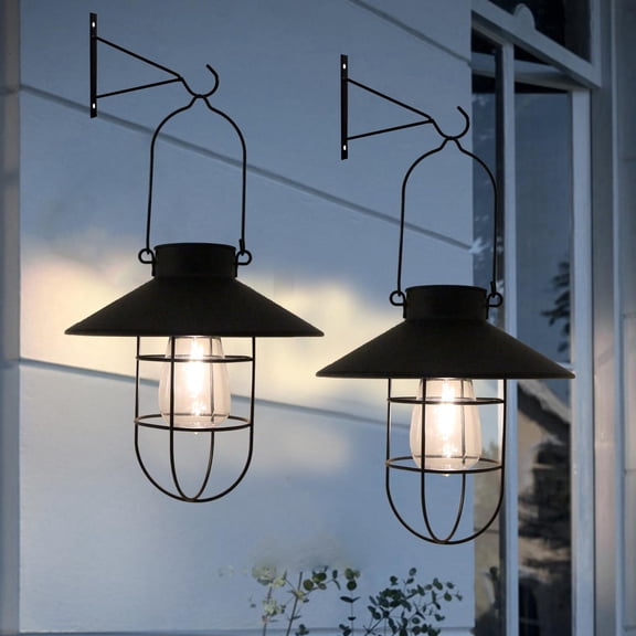 2pack Solar Hanging Lights Outdoor - Small Metal Copper Vintage Lanterns with Warm White Outdoor Solar Lanterns Waterproof Edison Bulb Design for Garden Yard Patio Porch Tree Decor