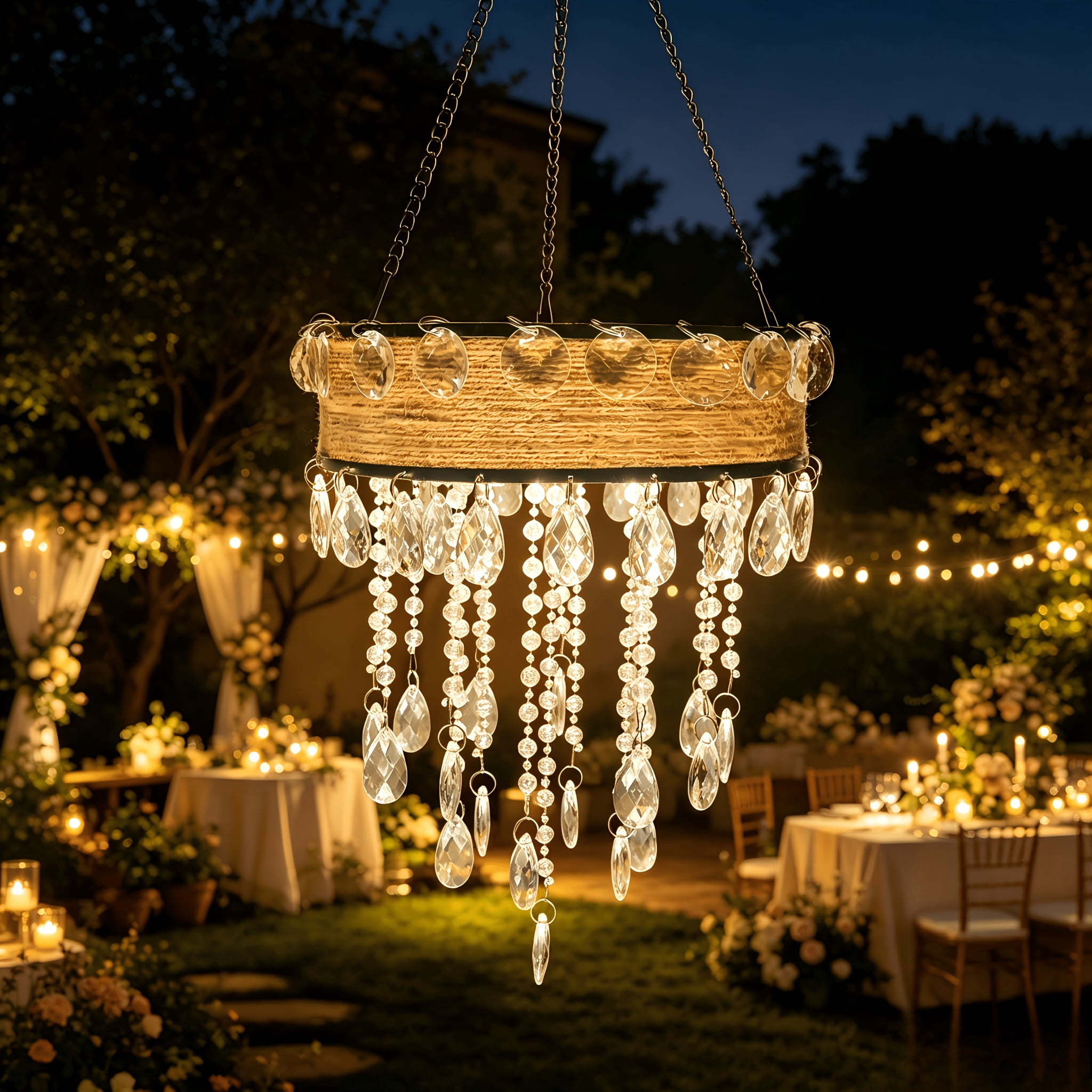 Solar Hanging Pendant Light Outdoor IP44 Rattan Chandelier, Warm White