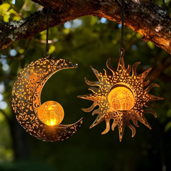 Solar Hanging Sun and Moon Lights Garden Outside Decor,2 Pack Metal Lanterns Outdoor Sunflower Art Decorations for Porch Backyard  Wall Tree, Gardening Gifts for Women Mom Grandma