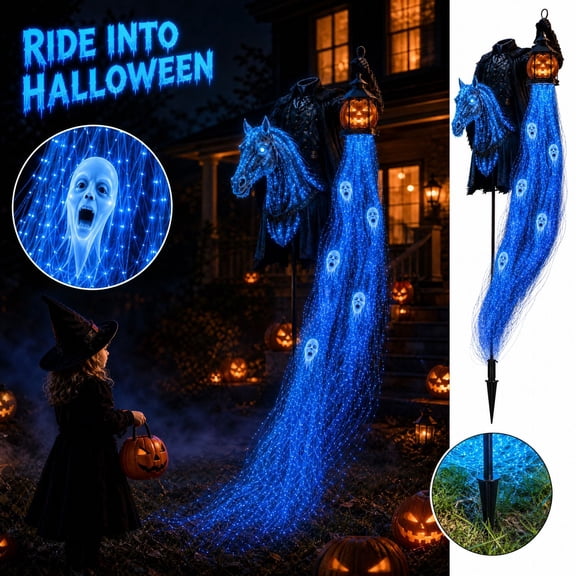 Halloween Soul Harvester Animated Ground Stake Lamp, Creepy Headless Horseman Yard Prop with Pumpkin Lantern, Waterproof Flowing Ghost LED Light for Outdoor Grave Patio House Fall Decor