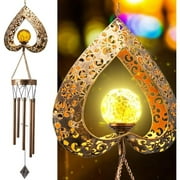 Solar Heart Shape Wind Chimes for Outside Deep Tone Heart LED Crackle Glass Ball LED Decor Light Windchime Hanging Decorations Gifts for Mom Women Yard Porch Birthday Mother Gift