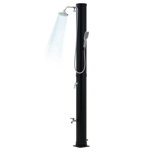 Solar Heated Outdoor Shower, 10 Gallon (38L) Freestanding Round Design – Hot & Cold Water Adjustment – Shower Head, Foot Tap, Handheld Sprayer – Protective Cover – For Pool, Spa, Garden