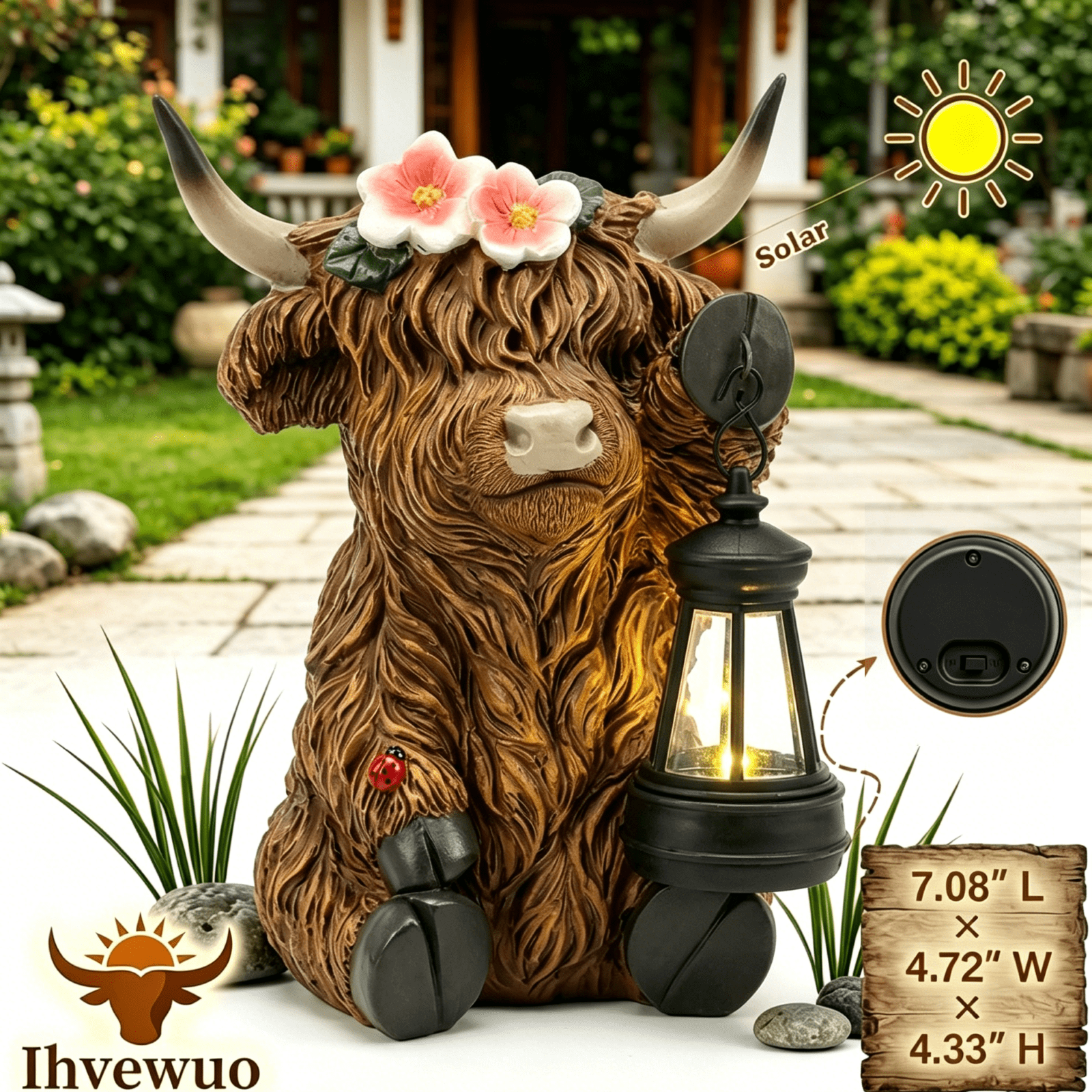 Solar Highland Cow Garden Outdoor Statue Cow Figurines Sculpture with LED Light Farmhouse Decor Patio Balcony Yard for Pasture & Farm Theme Mother's Day Housewarming Gift