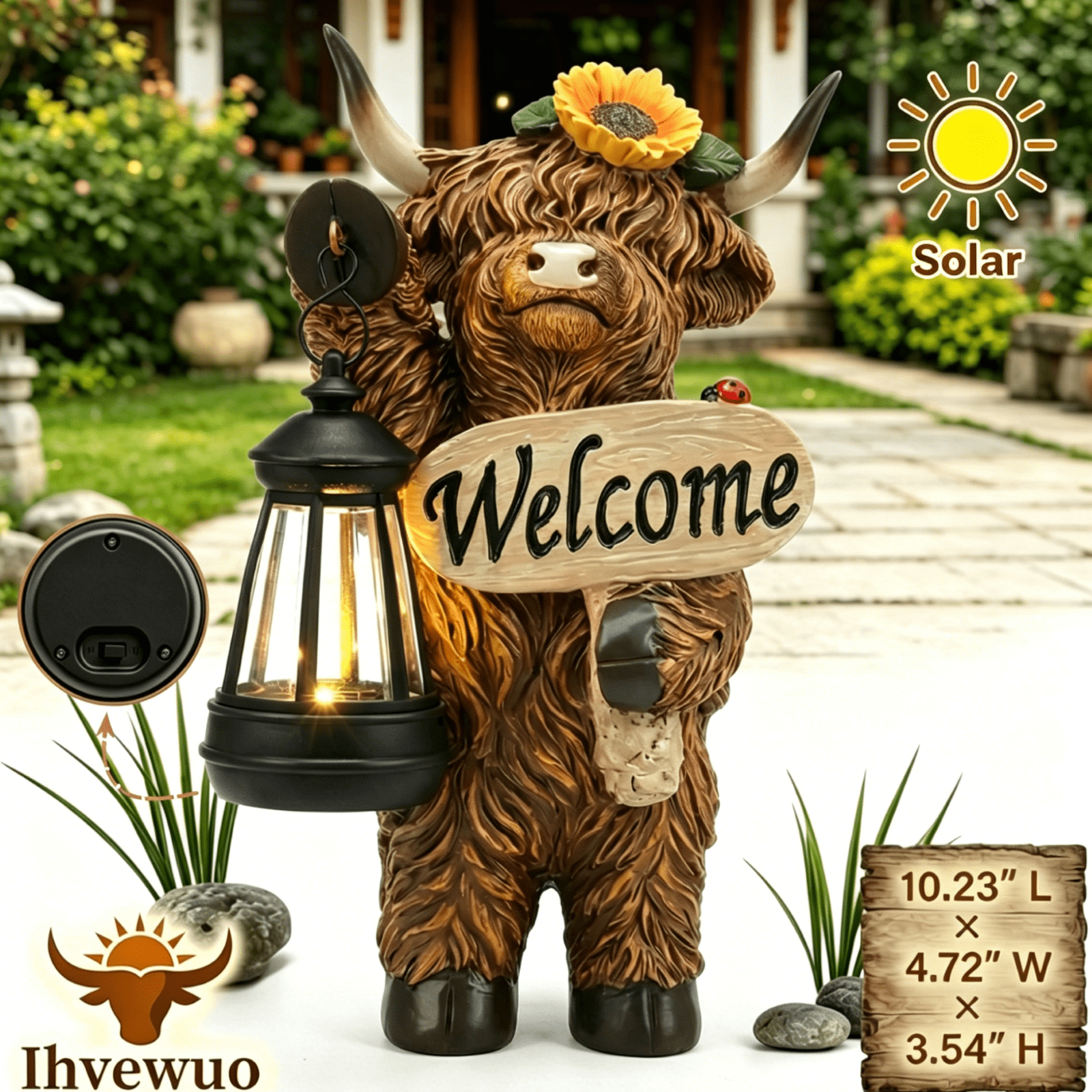 Solar Highland Cow Garden Outdoor Statue Cow Figurines Sculpture with LED Light Farmhouse Decor Patio Balcony Yard for Pasture & Farm Theme Mother's Day Housewarming Gift