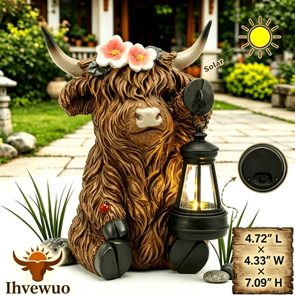 Solar Highland Cow Garden Outdoor Statue Cow Figurines Sculpture with LED Light Farmhouse Decor Patio Balcony Yard for Pasture & Farm Theme