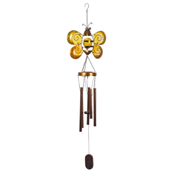Solar Honey Bee Bright Yellow and Black 38 Inches Metal Hanging Outdoor Wind Chime