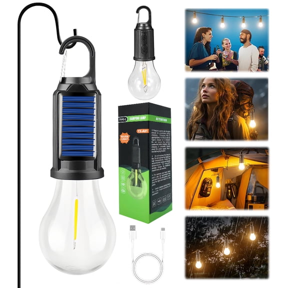 Solar Hooked Camping Light, USB Rechargeable LED Tent Lights, Portable Outdoor Waterproof Emergency Light Bulb for Hiking, Camping, Fishing