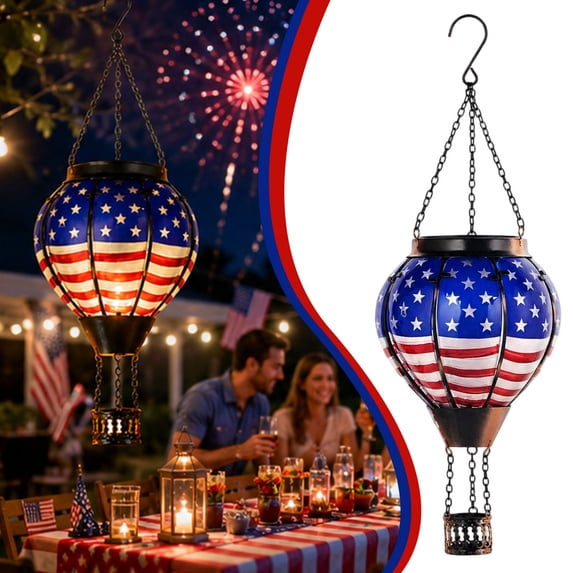 Solar Hot Air Balloon Garden Light, Flame Flickering Glass Lantern, Outdoor Hanging Decor for Patio Porch and Yard