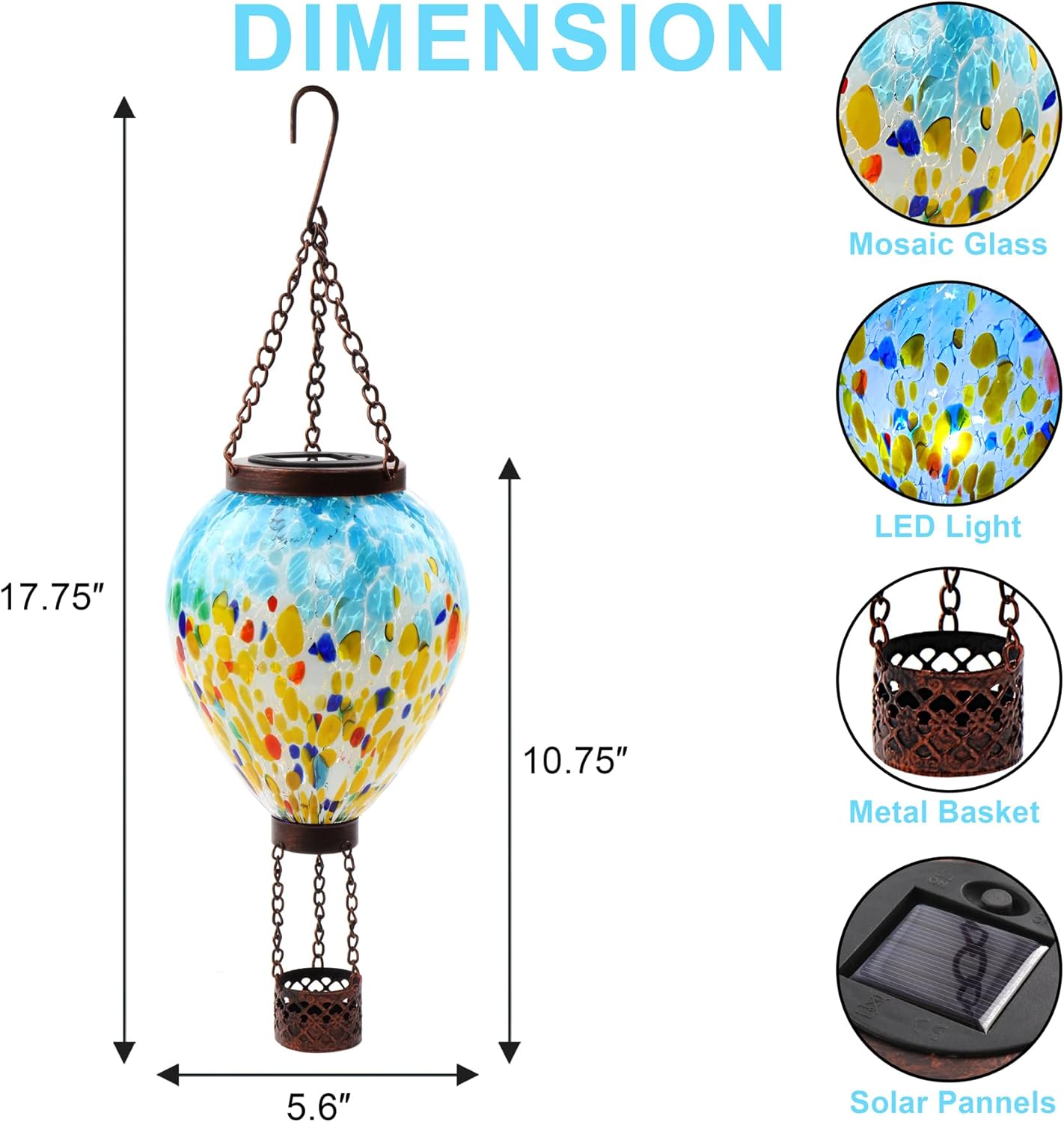 SAVENNA Solar Hot Air Balloon Glass Lantern – Hand-Blown Multicolor, IP44 Waterproof, LED Flickering Flame – Outdoor Hanging Light For Garden, Patio, Yard (Sunflower Design)