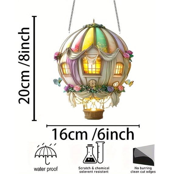 Solar Hot Air Balloon Hanging Lantern, Waterproof Acrylic Flickering Flame Light for Patio & Window