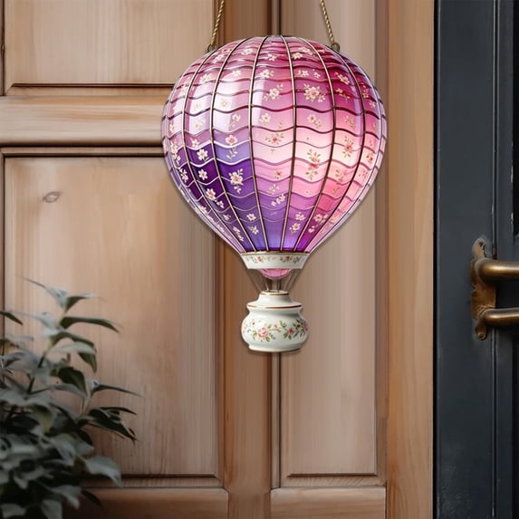 Solar Hot Air Balloon Hanging Light, 2D Stained Glass Style Acrylic Outdoor Pendant, Flickering Flame Decorative Lantern, for Garden Patio Porch Yard Party