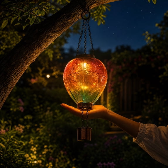 Solar Hot Air Balloon Hanging Light for Garden and Patio, Waterproof LED Lantern for Tree and Pergola, Floral Relief Accent for Balcony, Auto On/Off Outdoor Illumination, Unique Holiday Decor