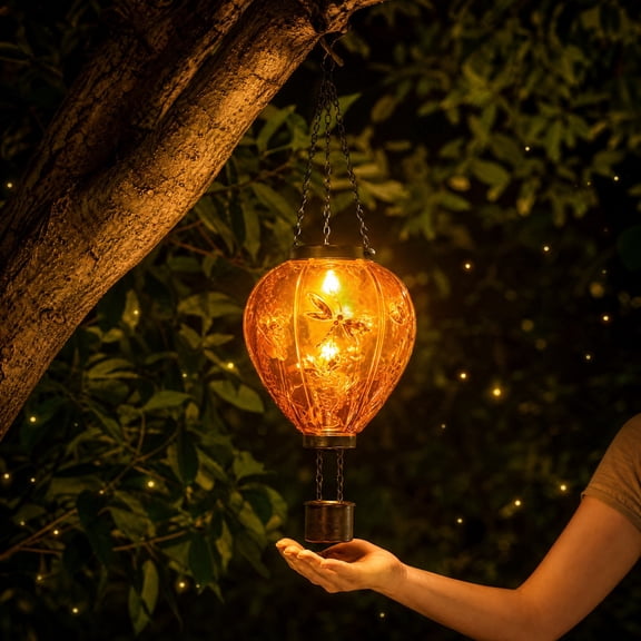 Solar Hot Air Balloon Hanging Light for Garden and Patio, Waterproof LED Lantern for Tree and Pergola, Floral Relief Accent for Balcony, Auto On/Off Outdoor Illumination, Unique Holiday Decor
