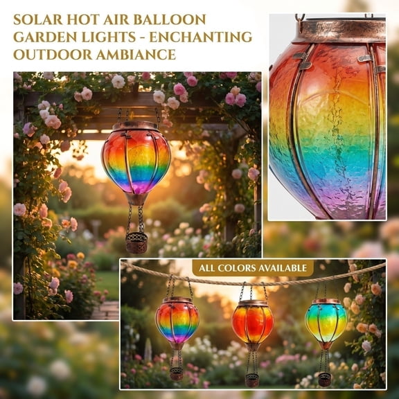 Solar Hot Air Balloon Hanging Light, Hot Air Balloon Solar Lantern, Rainbow Decorations, Glass Tea Light Candle Holder, 18X6 Inch 8-Panel Rainbow Gradient Constant Light Outdoor
