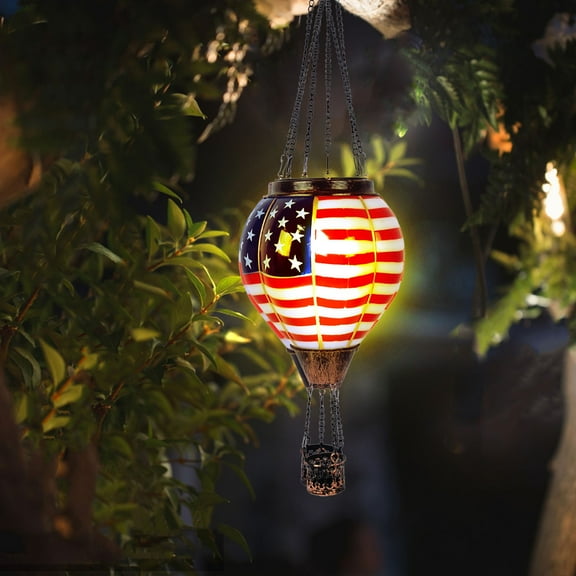 Solar Hot Air Balloon Lantern, DELESYS Hanging Outdoor Waterproof Lantern with Flickering Flame,Solar American Flag Lights Outdoor, for Yard Decoration,Air Balloon Solar Light