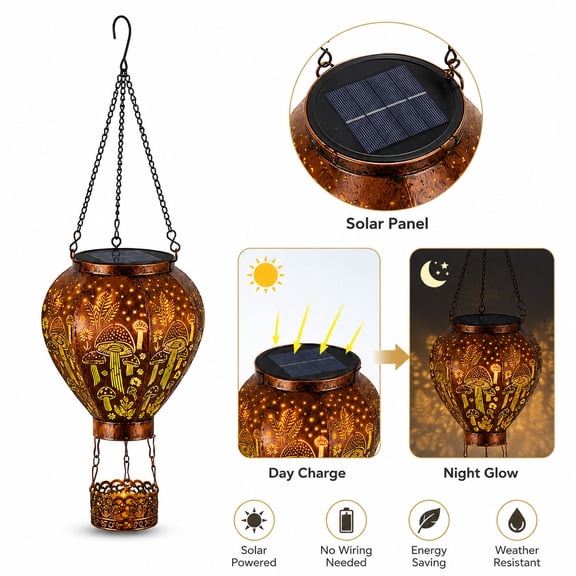 Solar Hot Air Balloon Lantern, Solar-Powered Outdoor Garden Decor with Metal Cutout Design, Automatic Dusk-to-Dawn Lighting for Patios, Pathways, Porches & Balconies