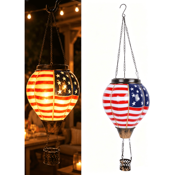 Solar Hot Air Balloon Lantern, Waterproof Hanging Lantern With Flickering Flame Light And Flag Pattern For Garden, Yard, Patio, Porch(RL A)