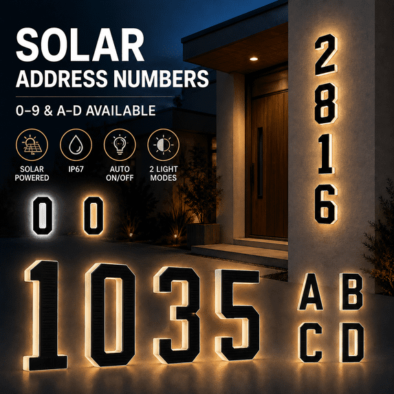 Solar House Number Light for Outside, 7.8-Inch LED Lighted Address Number Sign, 2000mAh Battery, IP67 Waterproof, Warm & Cool White, Auto Dusk-to-Dawn