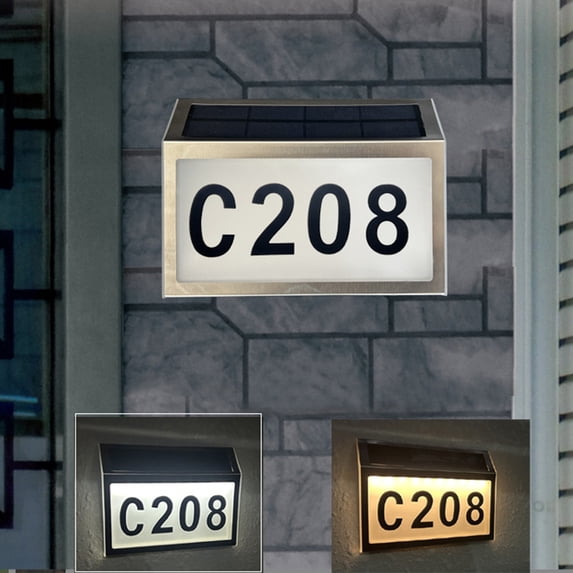 Solar House Number Sign Light Stainless Steel, Solar Powered LED Door Address Plaque with Dusk to Dawn Sensor, Warm and Cool White for Mailbox or Home Entryway