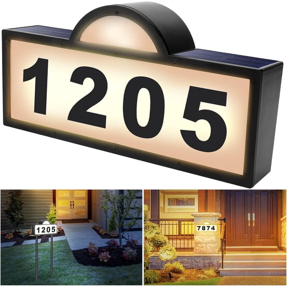 Solar House Numbers Address Sign, IP65 Waterproof Solar Address Plaque for Outside, 3200K Warm & 6500k Cold LED Illuminated House Numbers for Outdoor Wall Mounted & Home Yard Ground Address Number