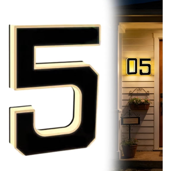 Solar House Numbers For Outside, 2026 New Solar Lighted House Numbers, Led Illuminated Address Plaque With Auto On/Off, Ip44 Waterproof Solar Address Sign, Easy Wall Mount For Home (Number 5)