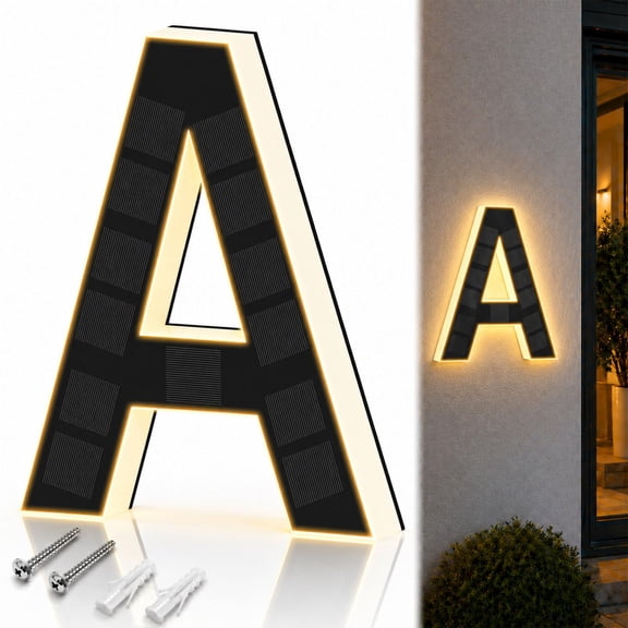 Solar House Numbers for Outside, LED Illuminated Address Sign, Dusk to Dawn Auto On/Off, IP65 Waterproof Lighted House Numbers, Adhesive or Screw Mount for House, Garage, Fence (A, 4.7 inch)