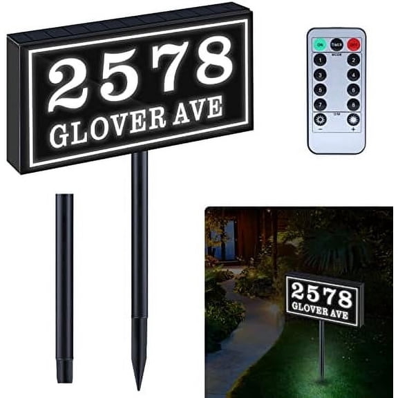 Solar House Numbers for Outside Modern Powered Address Plaque Solar Address Signs for Yard Led Address Numbers for House Light up Street Name Lighted Illuminated with Stakes Waterproof Remote Control