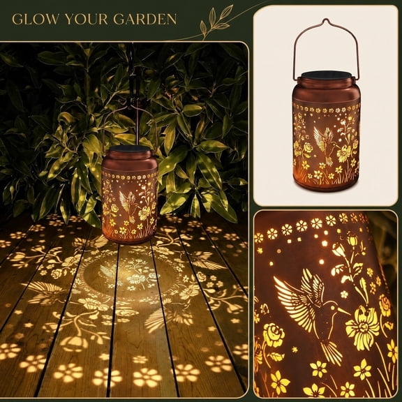 Solar Hummingbird Cutout Hanging Lantern, Retro Metal Hollow Projection Garden Light, Auto On Off Waterproof Outdoor LED Decor Lamp, For Patio Yard Porch Backyard Landscape Decoration