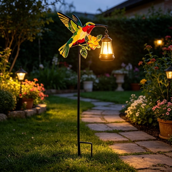 Solar Hummingbird Garden Stake Light, LED Solar Powered Lantern, Outdoor Waterproof Yard Pathway Decor, 31.5" Tall-Green