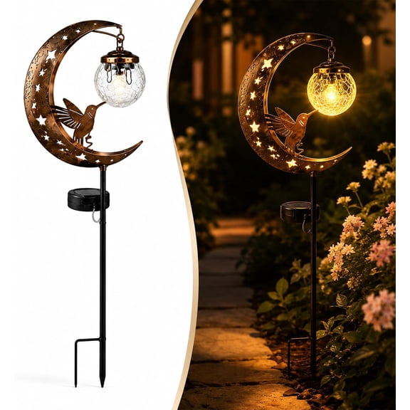 Solar Hummingbird Moon Garden Stake Light Solar Garden Decor Half Moon Decorative Outside Yard Decor Accessories Patio Lawn Ornaments Pathway Walkway Backyard Landscape Border Courtyard Decorations