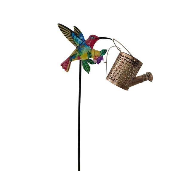 Solar Hummingbird & Watering Can Garden Stake Light, Resin and Iron Patio Decor Ambiance Lamp, Outdoor Floral Grass Landscape Lighting for Yard