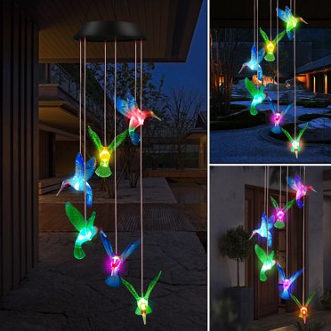 Solar Hummingbird Wind Chimes With LED Lights - Color Changing Hanging Patio Lamp
