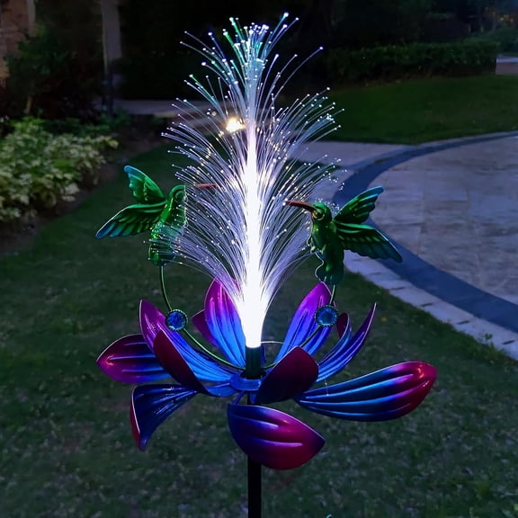Solar Hummingbird Wind Spinners, Solar Firework Lights Garden Decor, Metal Lotus Flower Windmill Colour Changing Optical Fiber Lights Yard Decoration, Outdoor Wind Sculpture for Lawn Patio,Balcony