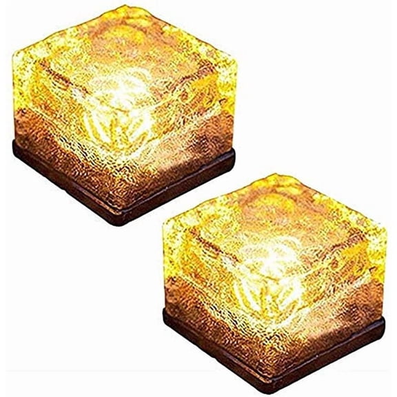 Solar Ice Glass Light,2 Packs Solar Powered Garden Lights, Waterproof IP68 Outdoor Table & Path Lights, Decorative Ice Cube for Yard