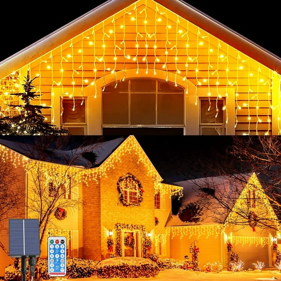 Solar Icicle Lights, 7M Waterproof Curtain Lights, 0.8Mx32 Pcs Hanging Fairy String Lights 8 Modes 256 LED Waterfall String Light with Remote for Wedding Christmas Party Holiday Decor (Warm White)