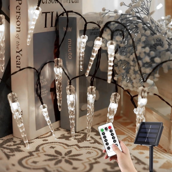 Solar Icicle Lights with Handheld Remote, Waterproof 6.5M 30LED Twinkling Ice Cone Lights, Solar Remote Control Fairy Lights for Garden Window Outdoor Indoor, 8 Modes