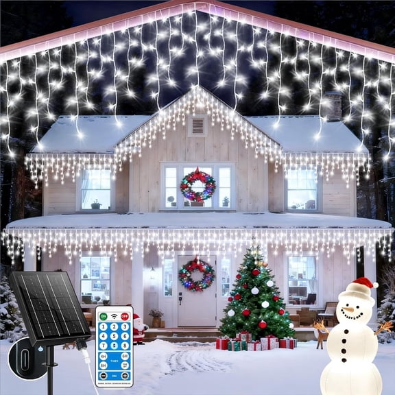 Solar Icicle Lights for Outside,25+5M 800 Christmas Icicle Lights 8 Mode Outdoor Decorative String Lights Suitable for Christmas eave roof Decorations(White