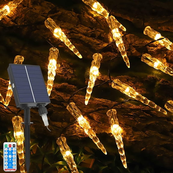 Solar Icicles String Lights Outdoor Waterproof 23FT 50 LED Ice Sickle Lights 8 Twinkle Modes USB Rechargeable Fairy Lights for Garden Trees Yard